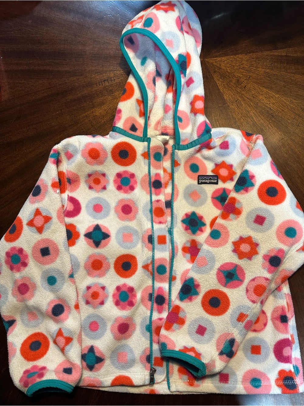 Patagonia Kids Hooded Fleece Jacket in White with Pink, Orange & Teal Print